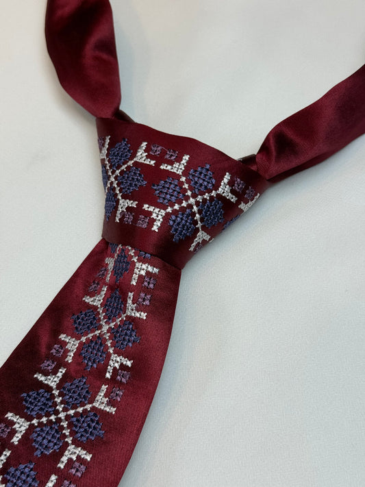 Maroon Traditional Cross-Stitching Men's Tie