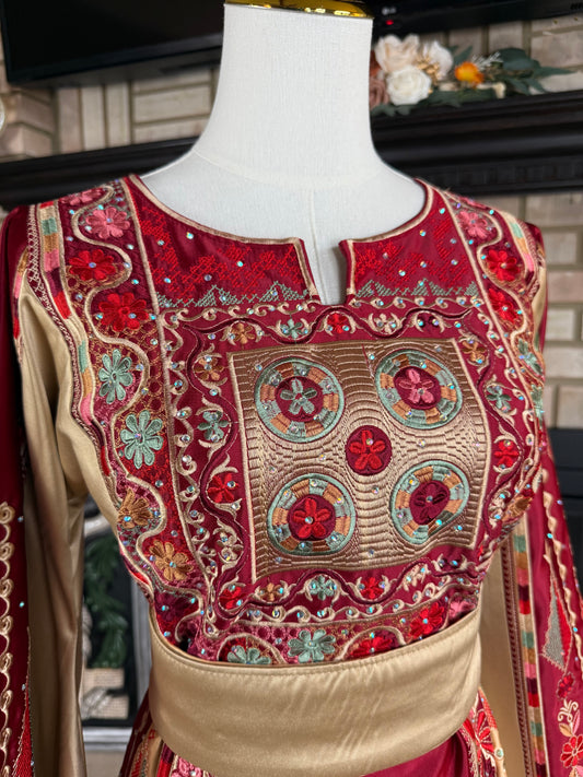 Maroon/Gold Bridal All-Satin Malaka Thobe