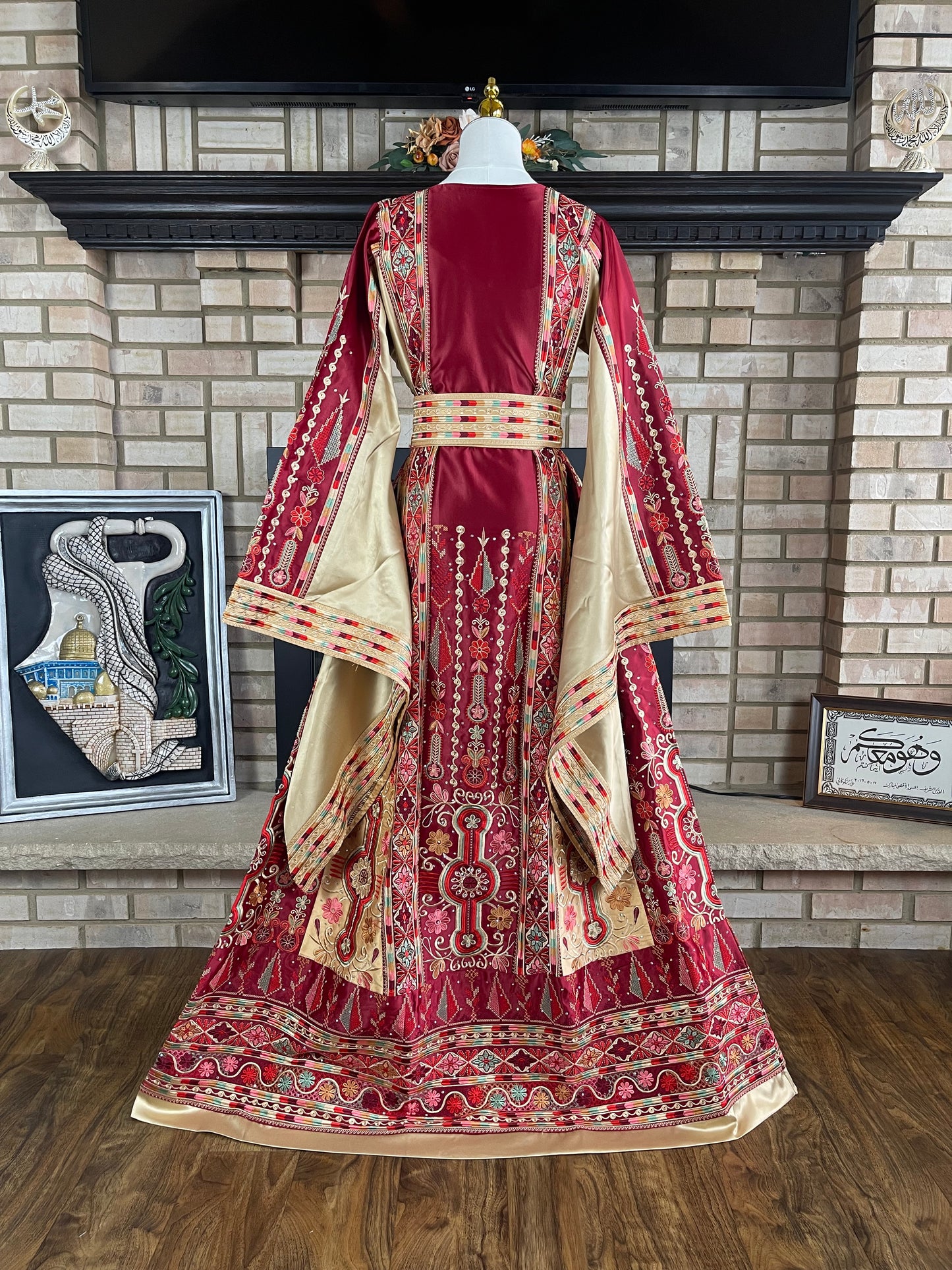 Maroon/Gold Bridal All-Satin Malaka Thobe