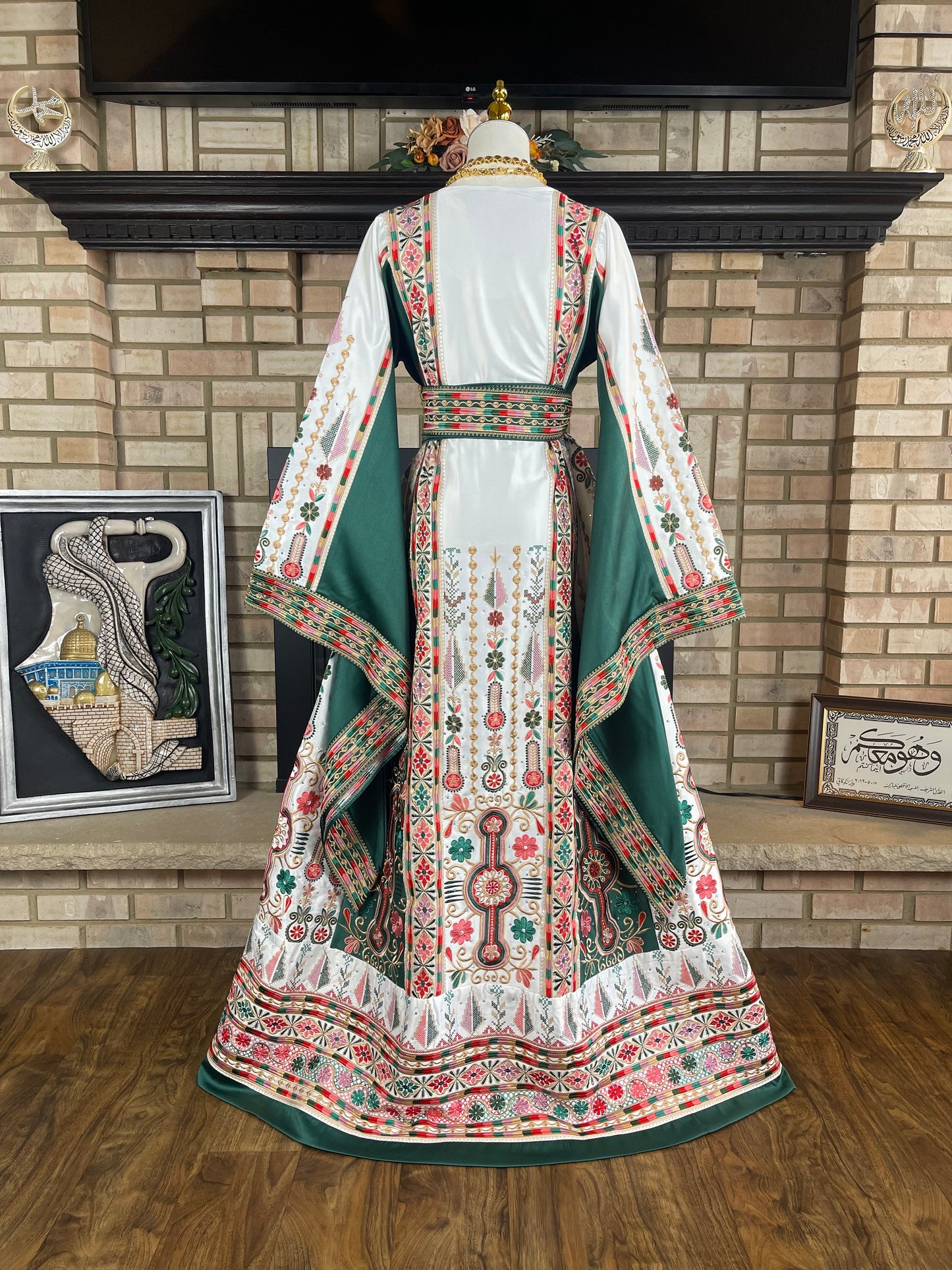 White/Green Bridal All-Satin Malaka Thobe