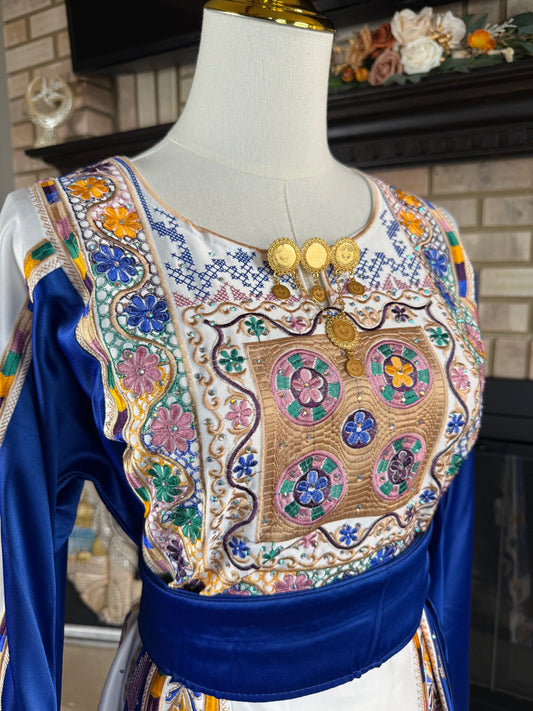 White/Blue Bridal All-Satin Malaka Thobe