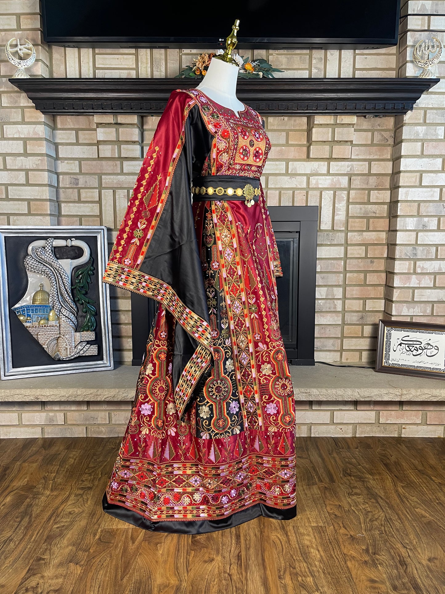 Maroon/Black Bridal All-Satin Malaka Thobe