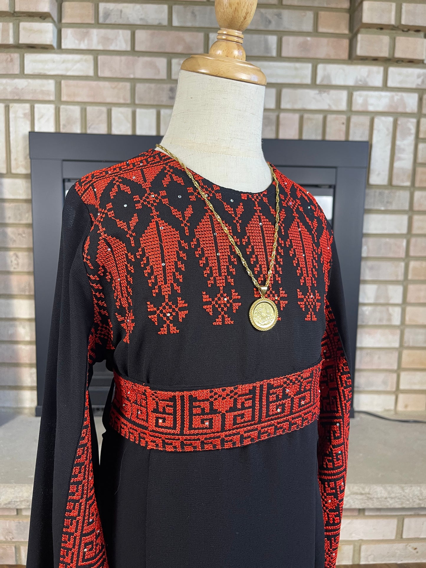Kids Black/Red Long-Sleeve Embroidered Dress