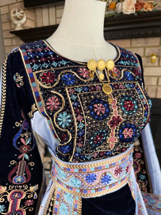 Rich Navy/Baby Blue Velvet & Satin Malaka Thobe