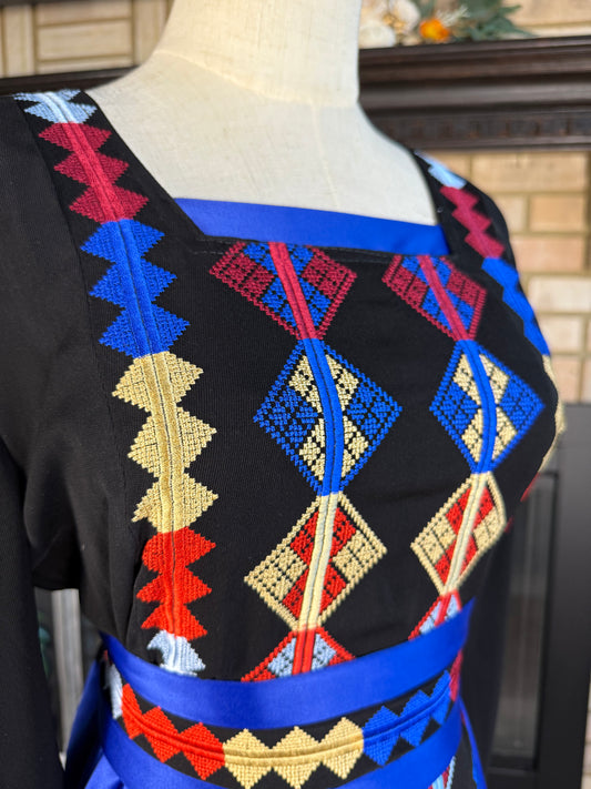 Blue/Black Satin Embroidered Dress