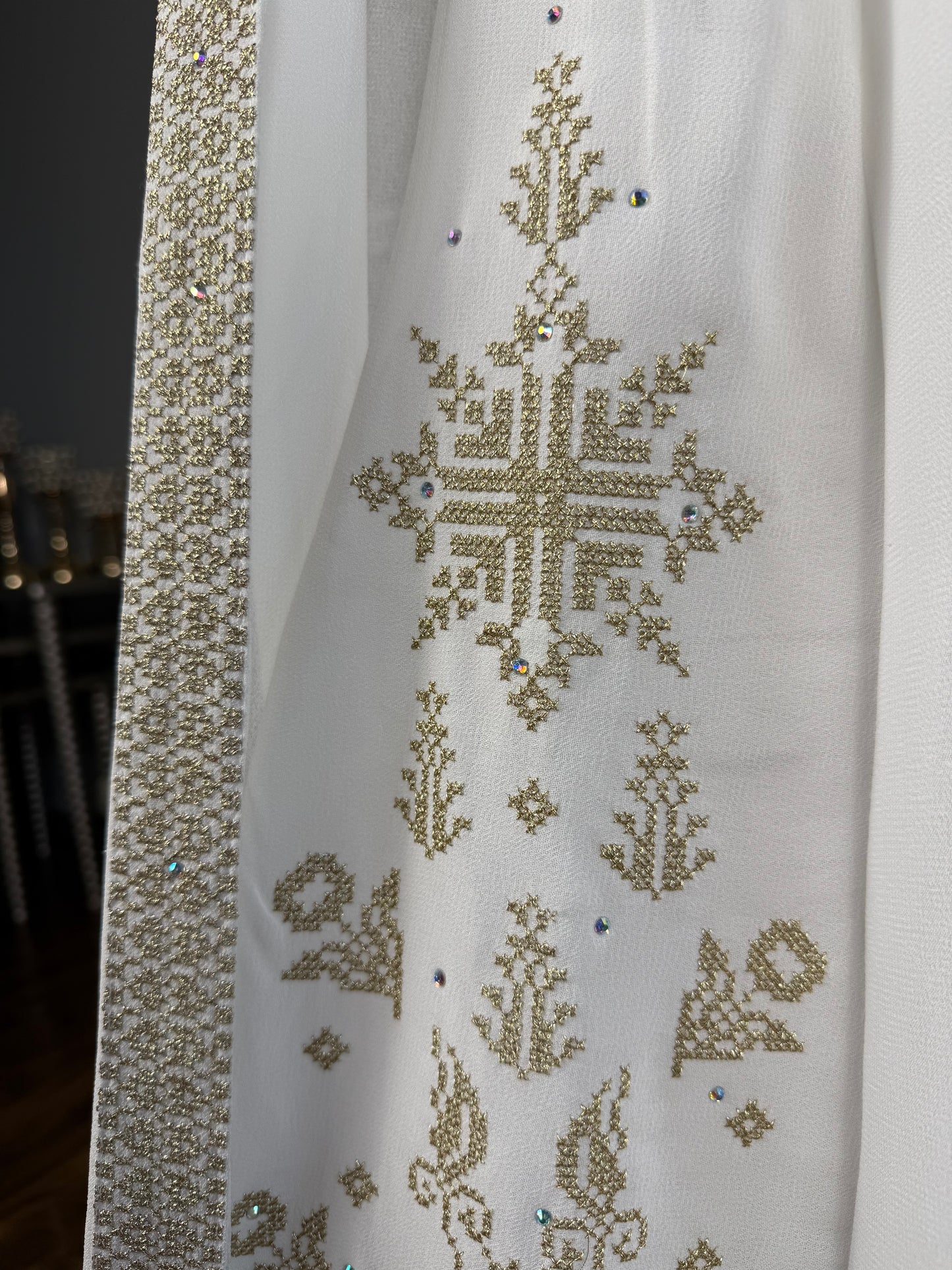 White/Gold Long-Sleeve Kasab Embroidered Dress