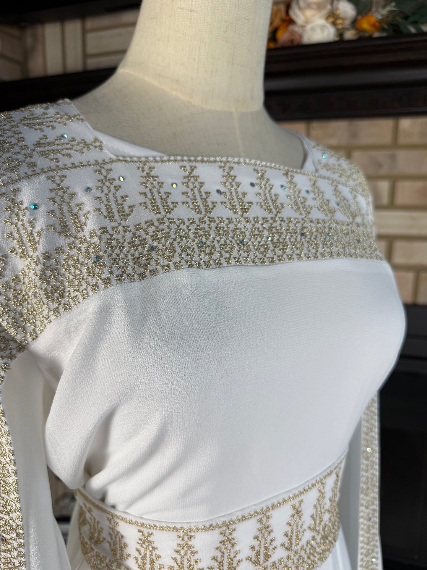 White/Gold Long-Sleeve Kasab Embroidered Dress