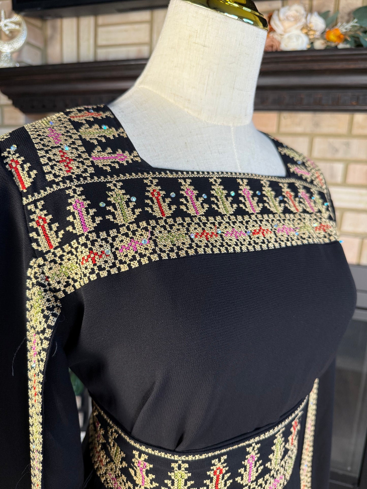 Black/Wheat Long-Sleeve Embroidered Dress