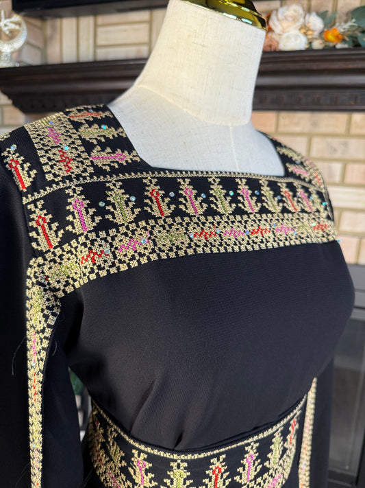 Black/Wheat Long-Sleeve Embroidered Dress