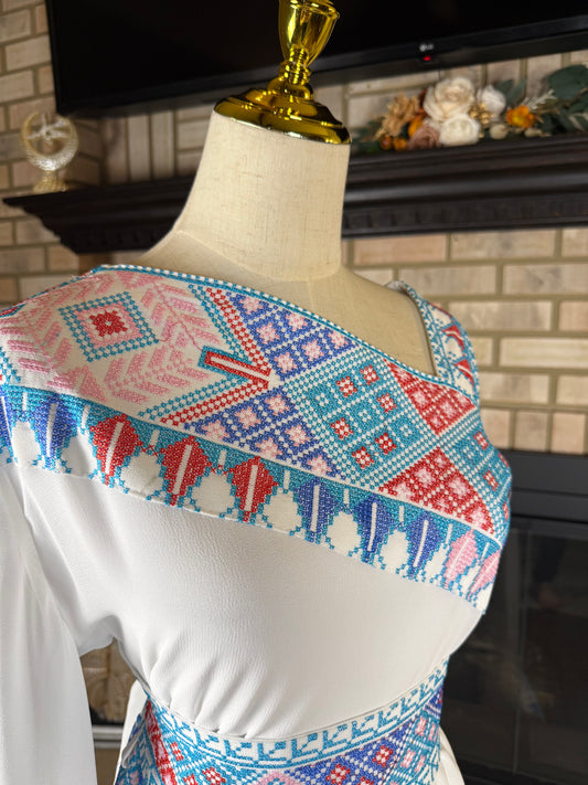 White/Blue Sleeveless Sultana Embroidered Dress