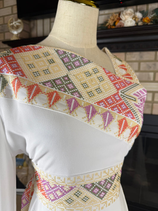 White/Yellow Sleeveless Sultana Embroidered Dress