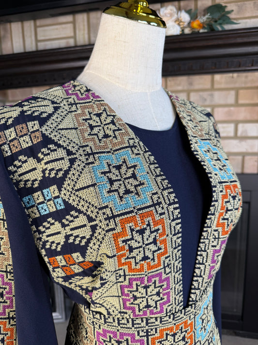 Navy Blue Open-Sleeve Embroidered Besht