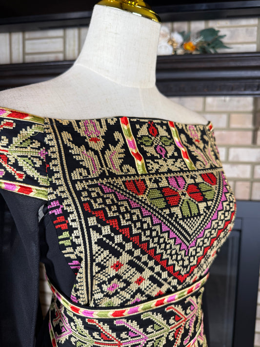 Black/Wheat Off-Shoulder Embroidered Dress