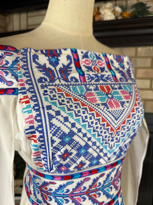 White/Blue Off-Shoulder Embroidered Dress