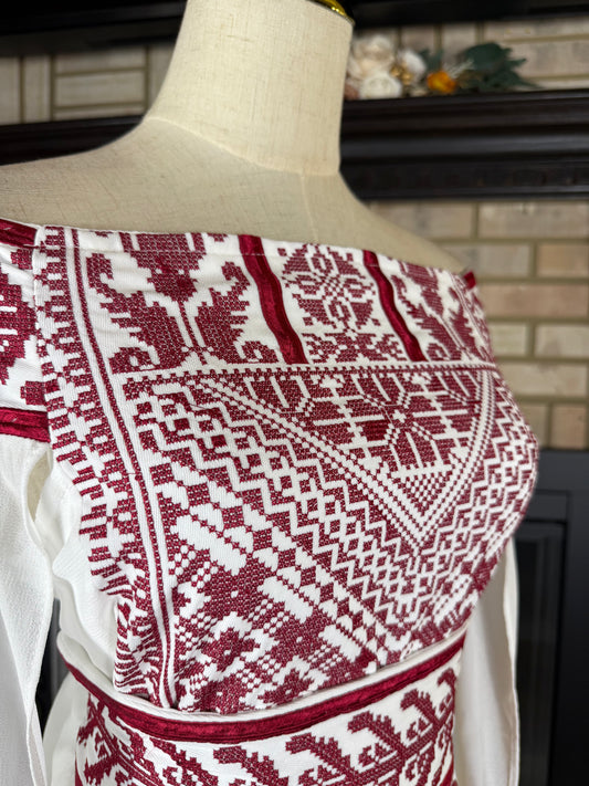 White/Maroon Off-Shoulder Embroidered Dress