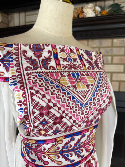 White/Purple Off-Shoulder Embroidered Dress