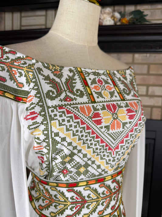White/Green Off-Shoulder Embroidered Dress