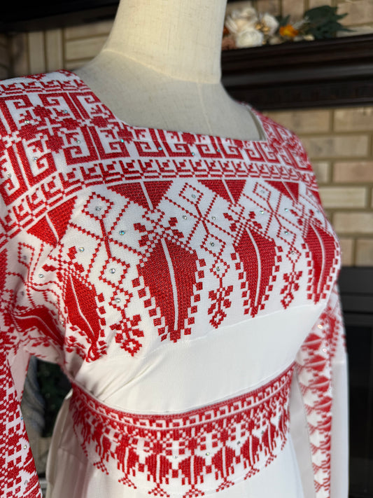 White/Red Long-Sleeve Embroidered Dress