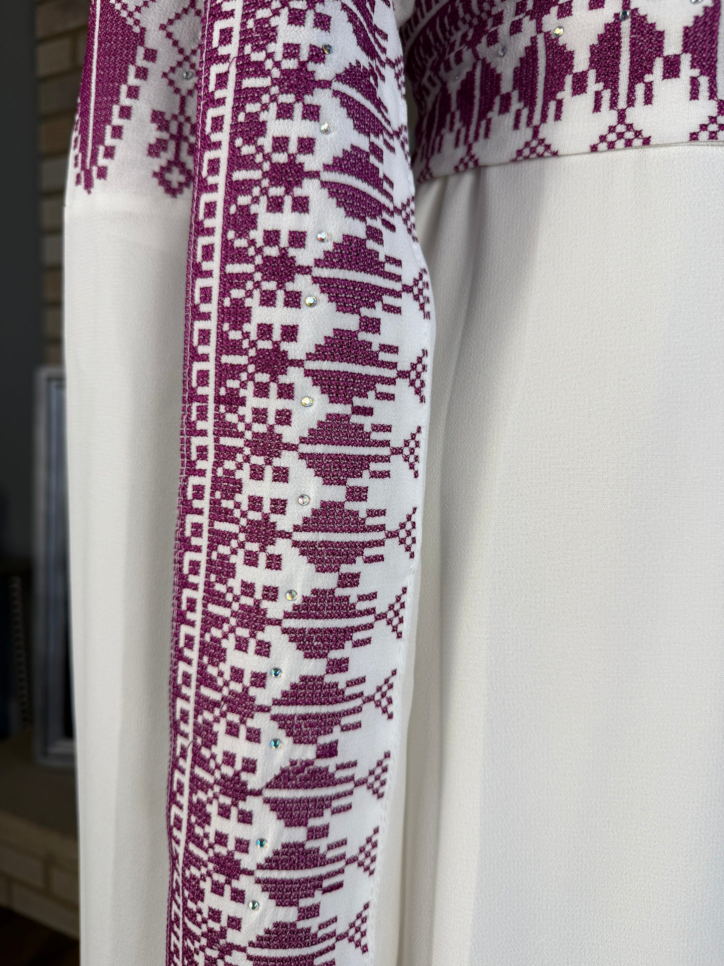 White/Purple Long-Sleeve Embroidered Dress