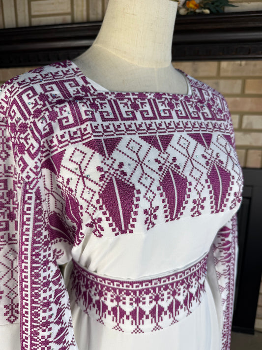 White/Purple Long-Sleeve Embroidered Dress