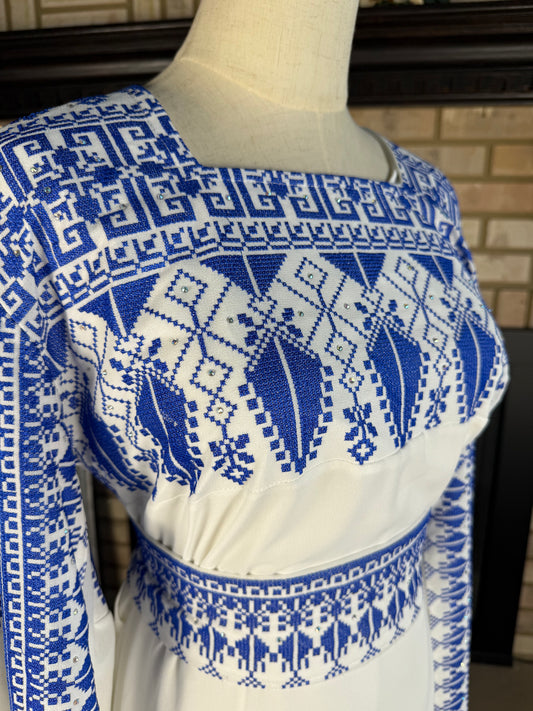 White/Blue Long-Sleeve Embroidered Dress