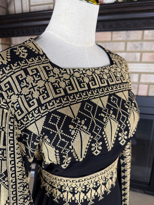 Black/Gold Long-Sleeve Embroidered Dress