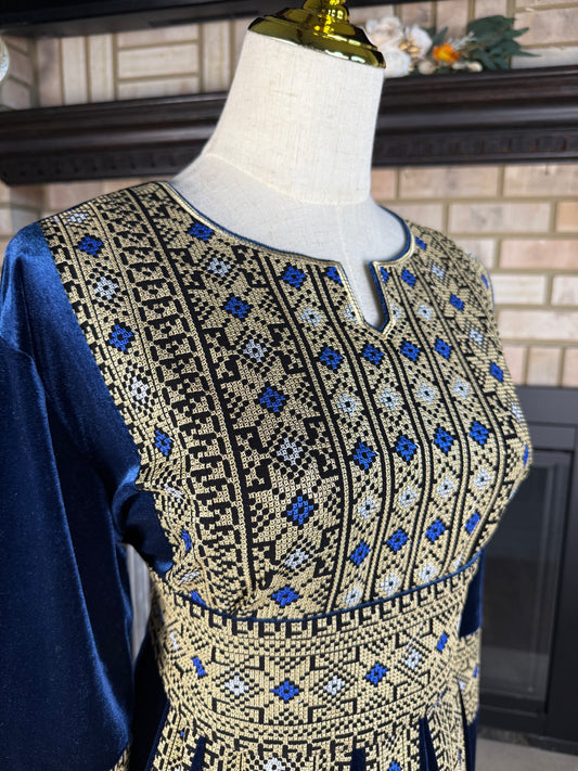 Blue/Gold Jerusalem Velvet Thobe