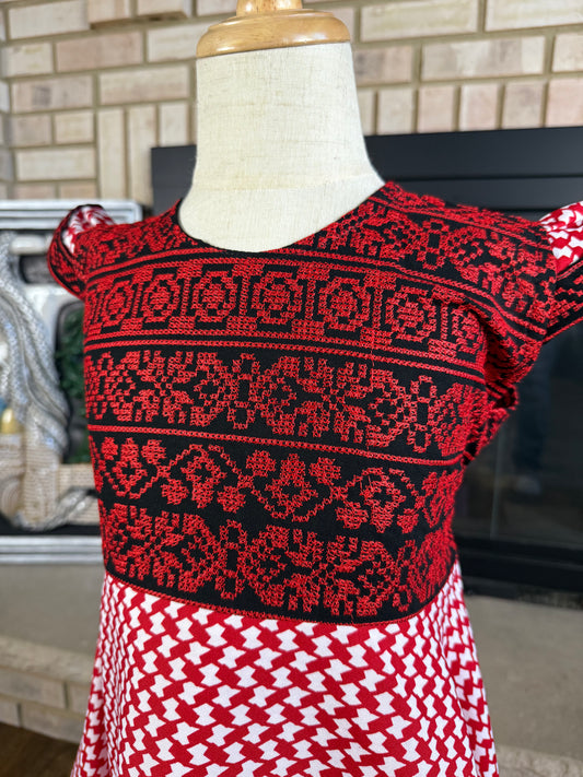 Kids Red Kuffiyeh Layered Embroidered Dress