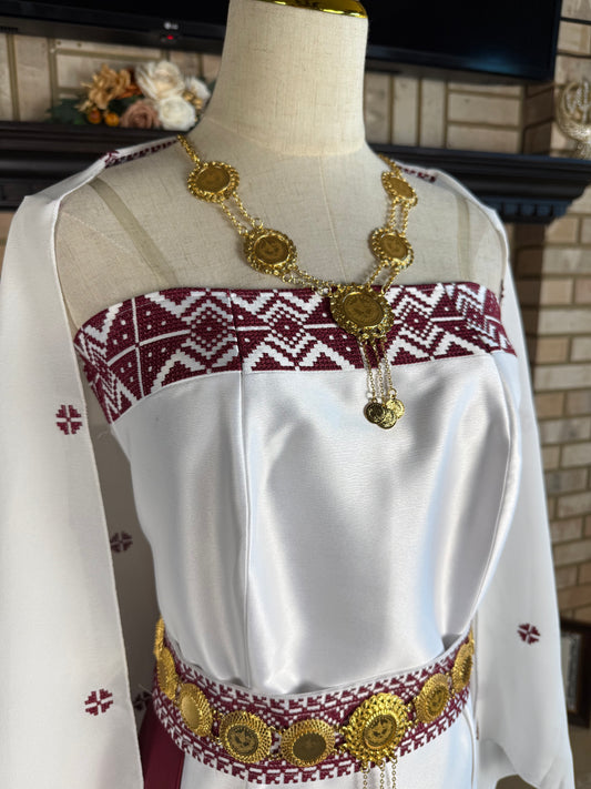 White/Burgundy Satin Bridal Thobe