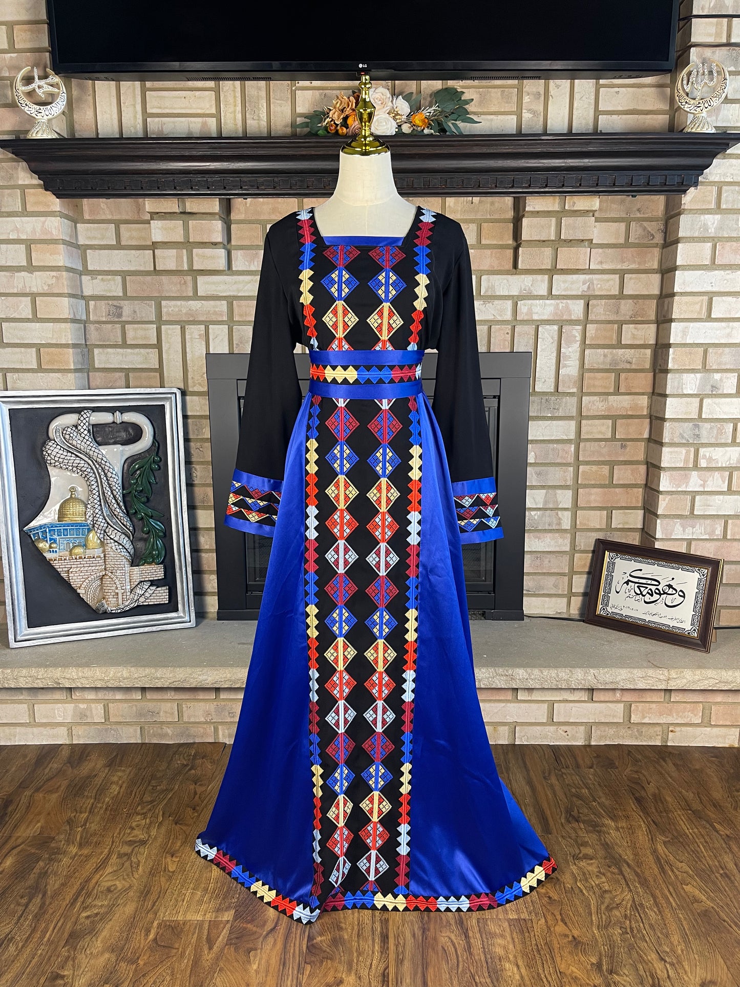 Blue/Black Satin Embroidered Dress