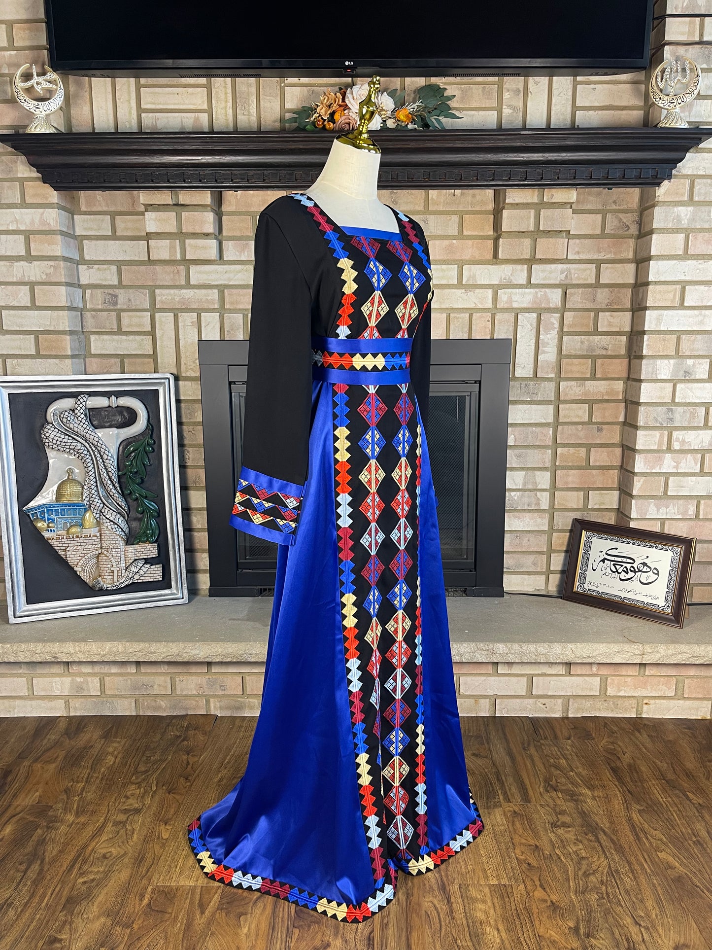 Blue/Black Satin Embroidered Dress