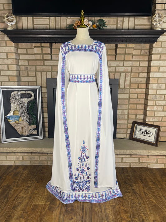 White/Blue Long-Sleeve Embroidered Dress