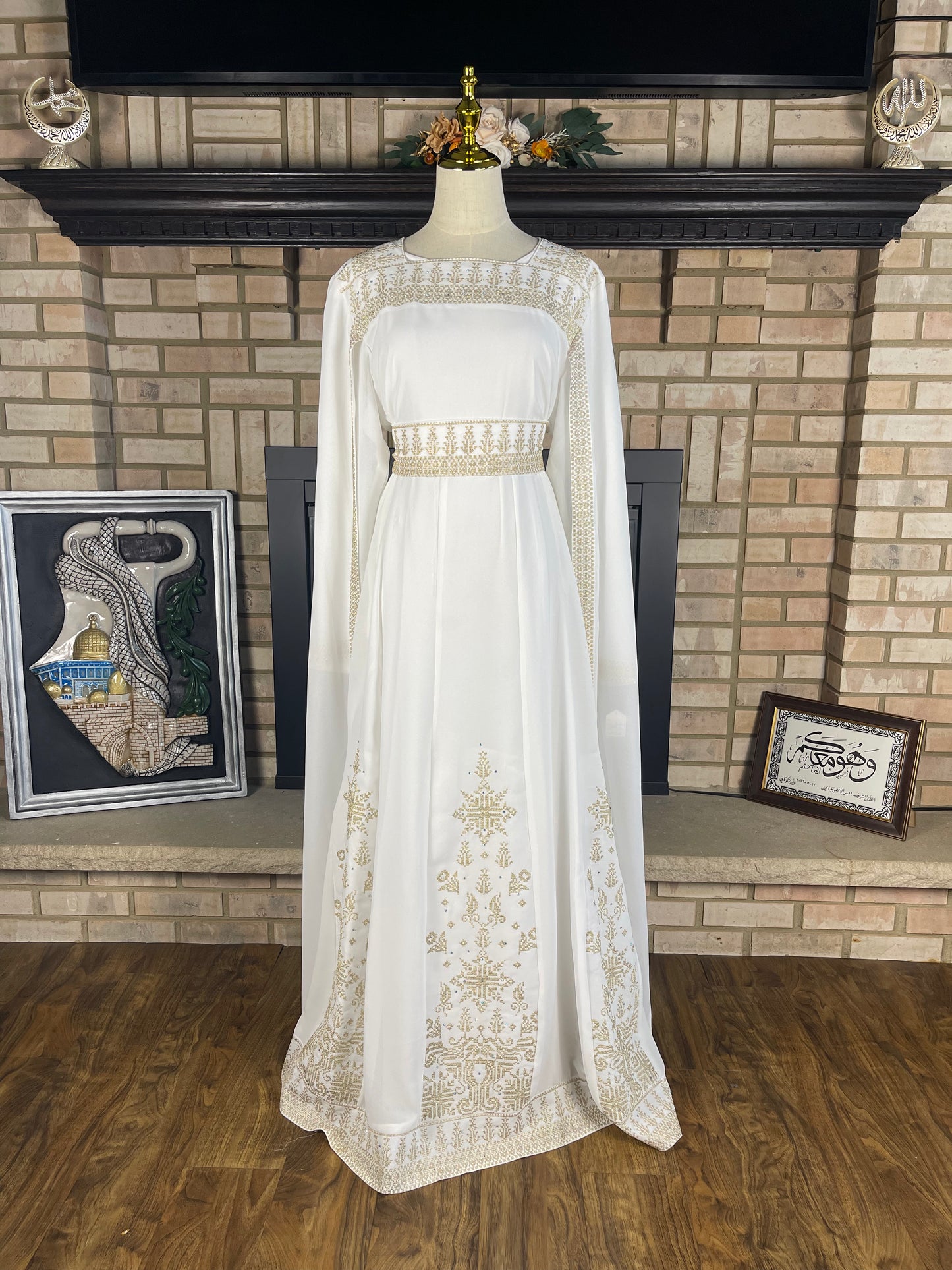 White/Gold Long-Sleeve Kasab Embroidered Dress