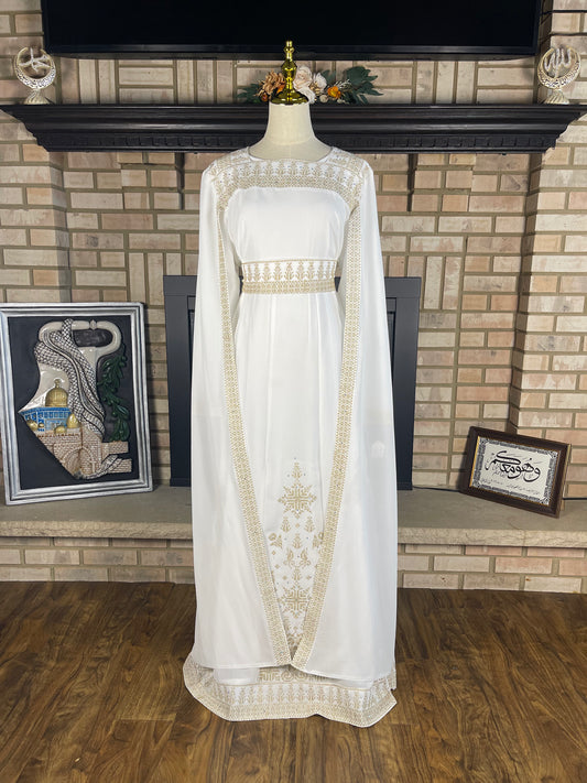 White/Gold Long-Sleeve Kasab Embroidered Dress