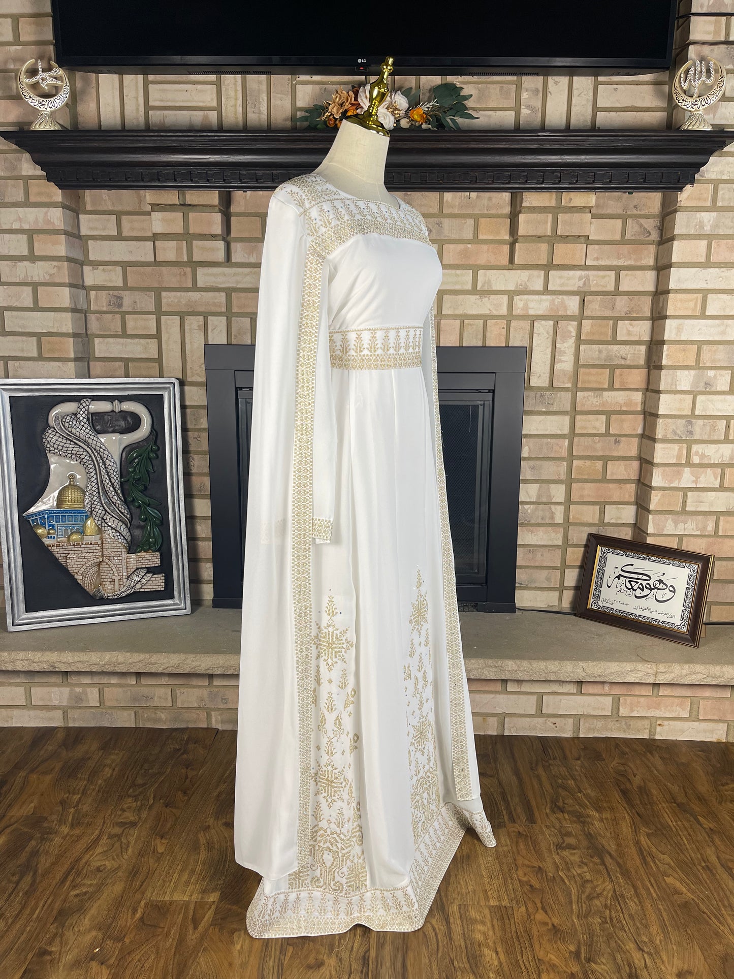 White/Gold Long-Sleeve Kasab Embroidered Dress