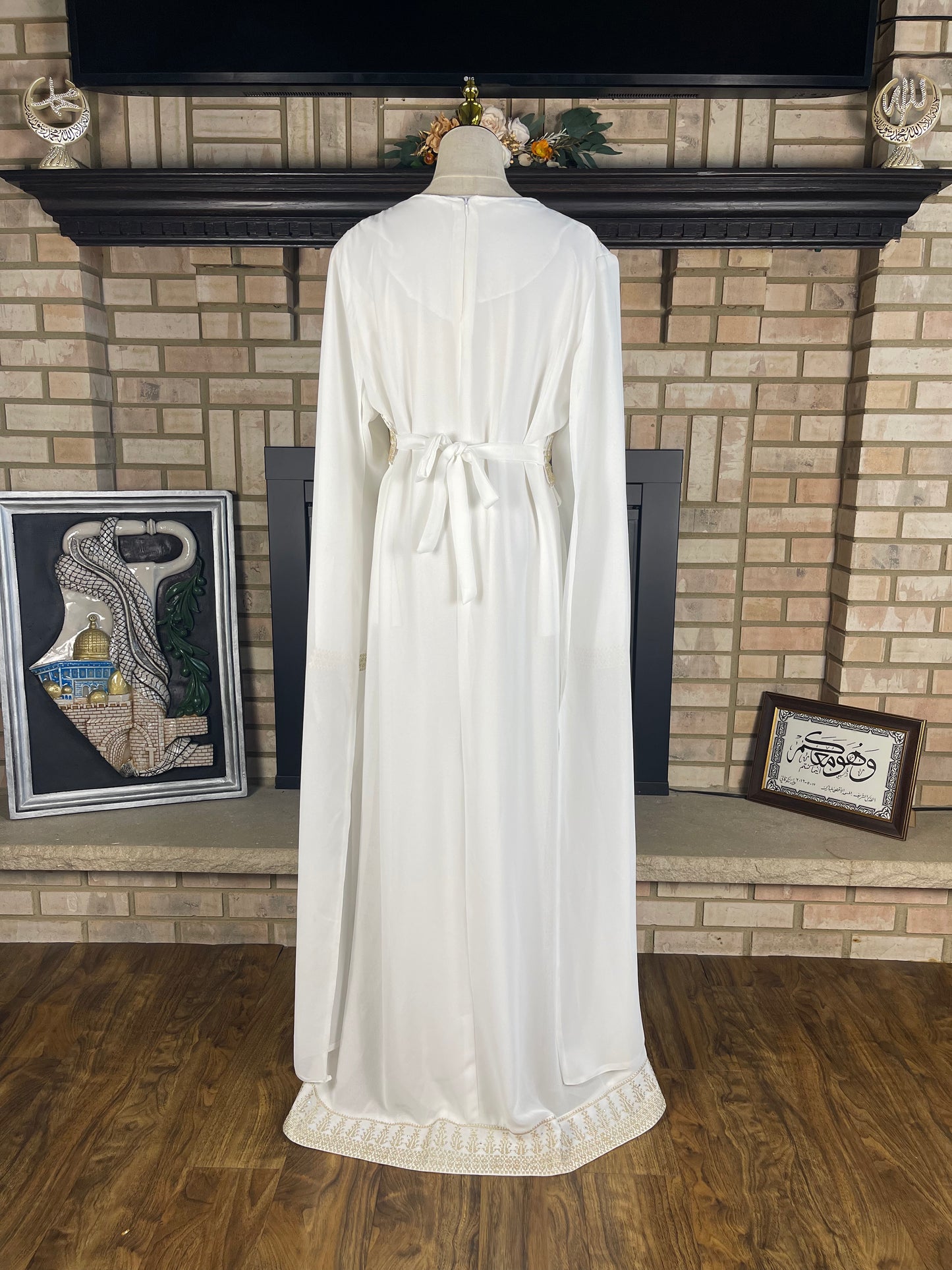 White/Gold Long-Sleeve Kasab Embroidered Dress