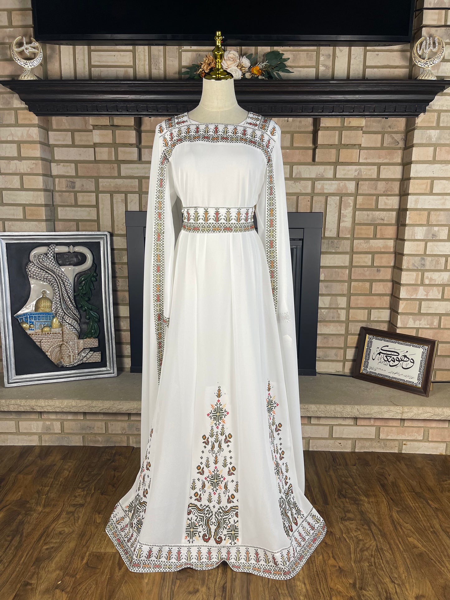 White/Green Long-Sleeve Embroidered Dress