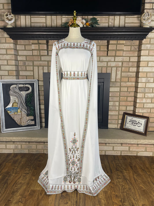 White/Green Long-Sleeve Embroidered Dress