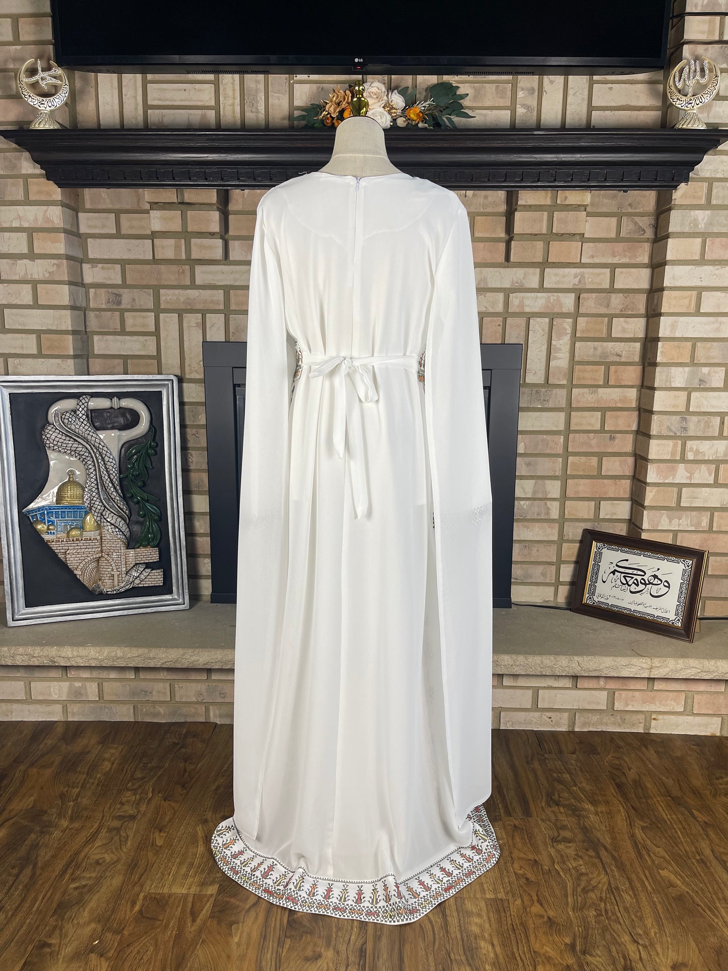 White/Green Long-Sleeve Embroidered Dress