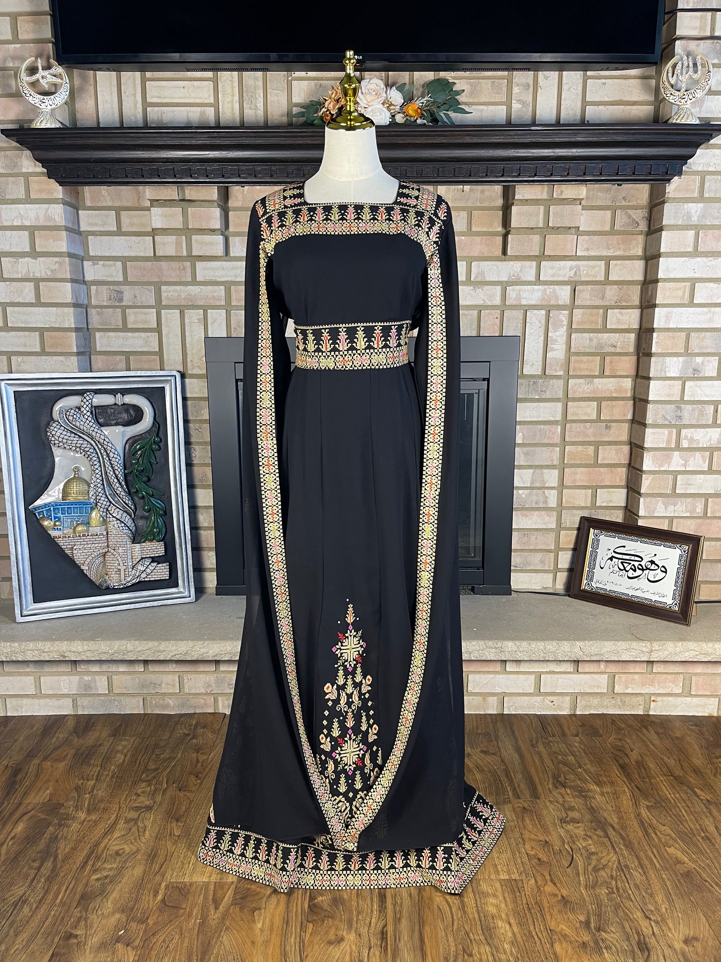 Black/Wheat Long-Sleeve Embroidered Dress