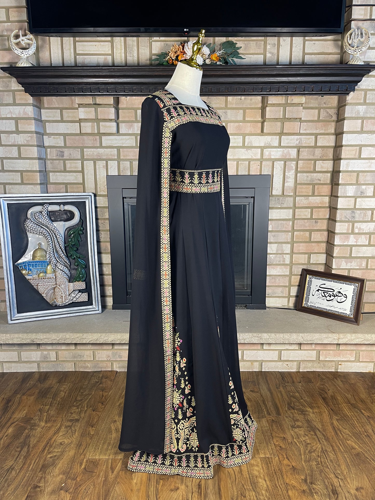Black/Wheat Long-Sleeve Embroidered Dress
