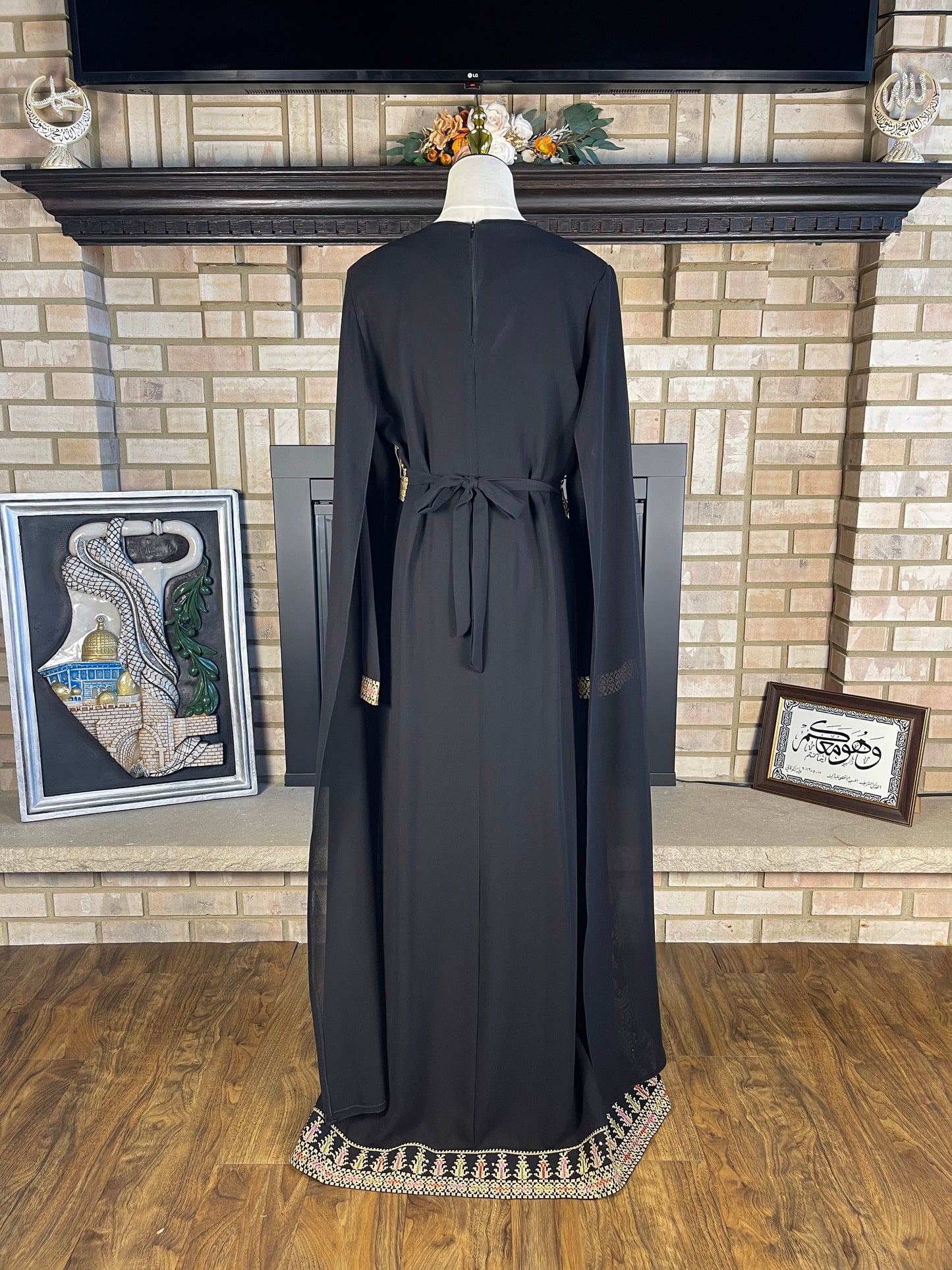 Black/Wheat Long-Sleeve Embroidered Dress