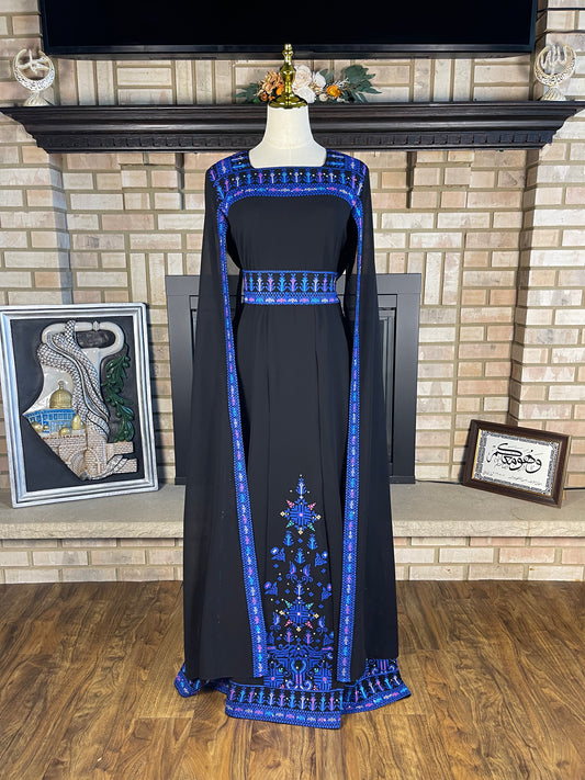 Black/Blue Long-Sleeve Embroidered Dress