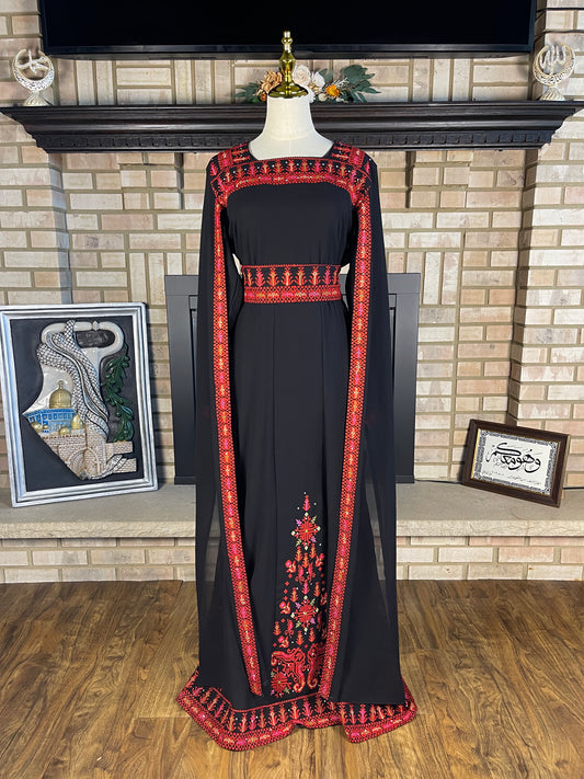 Black/Red Long-Sleeve Embroidered Dress