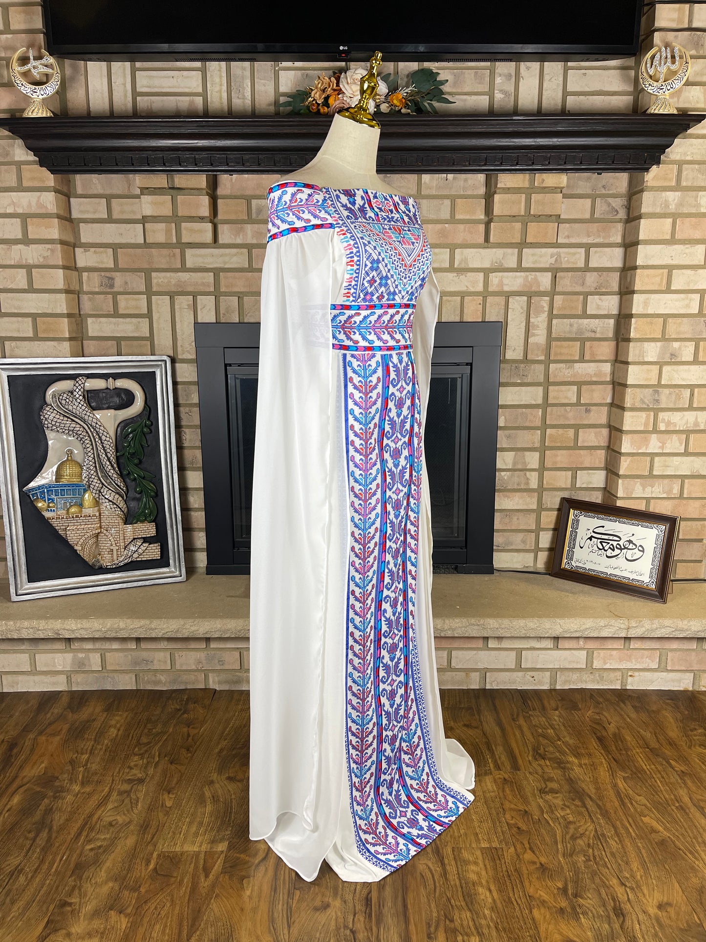 White/Blue Off-Shoulder Embroidered Dress