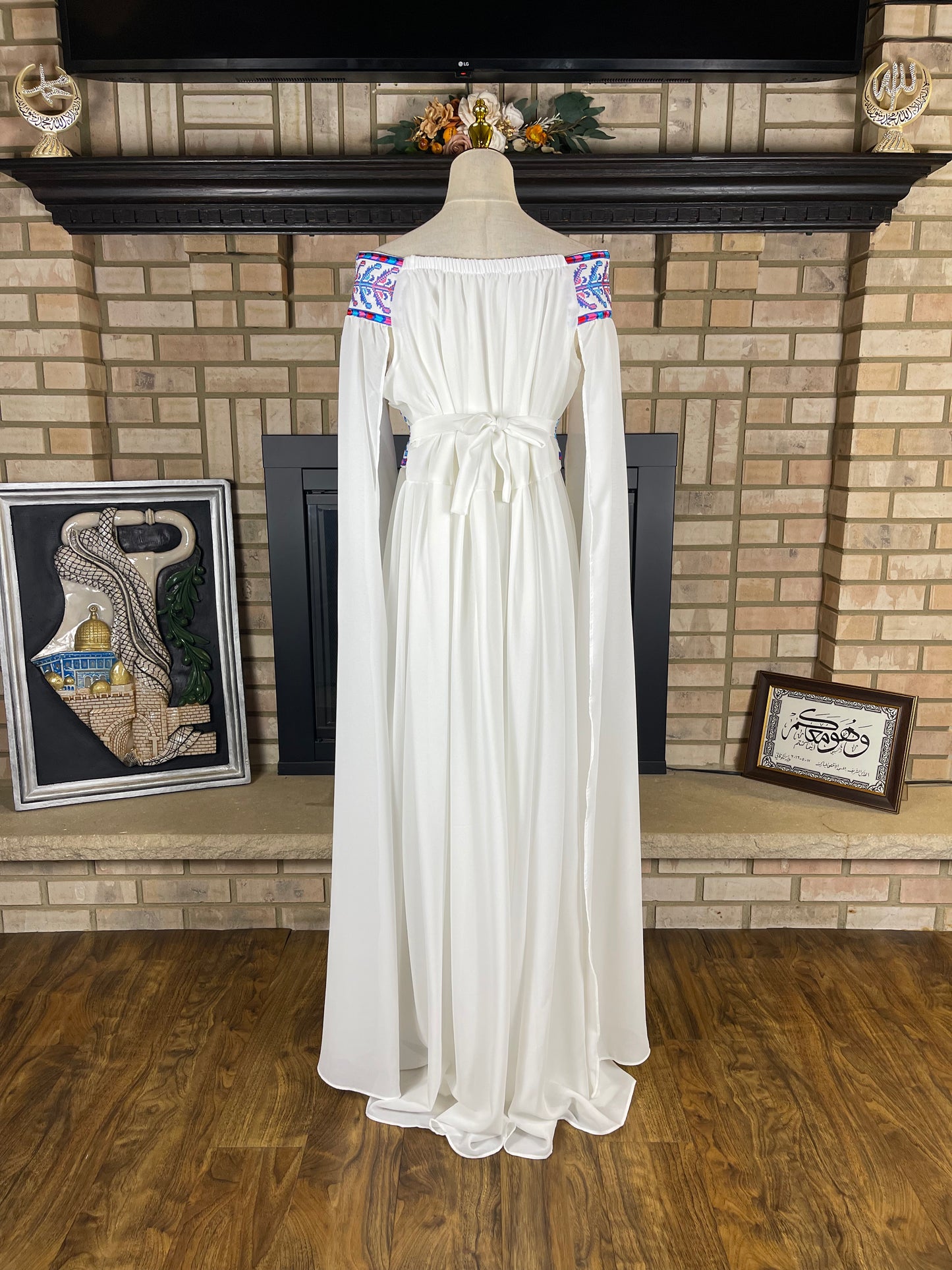 White/Blue Off-Shoulder Embroidered Dress