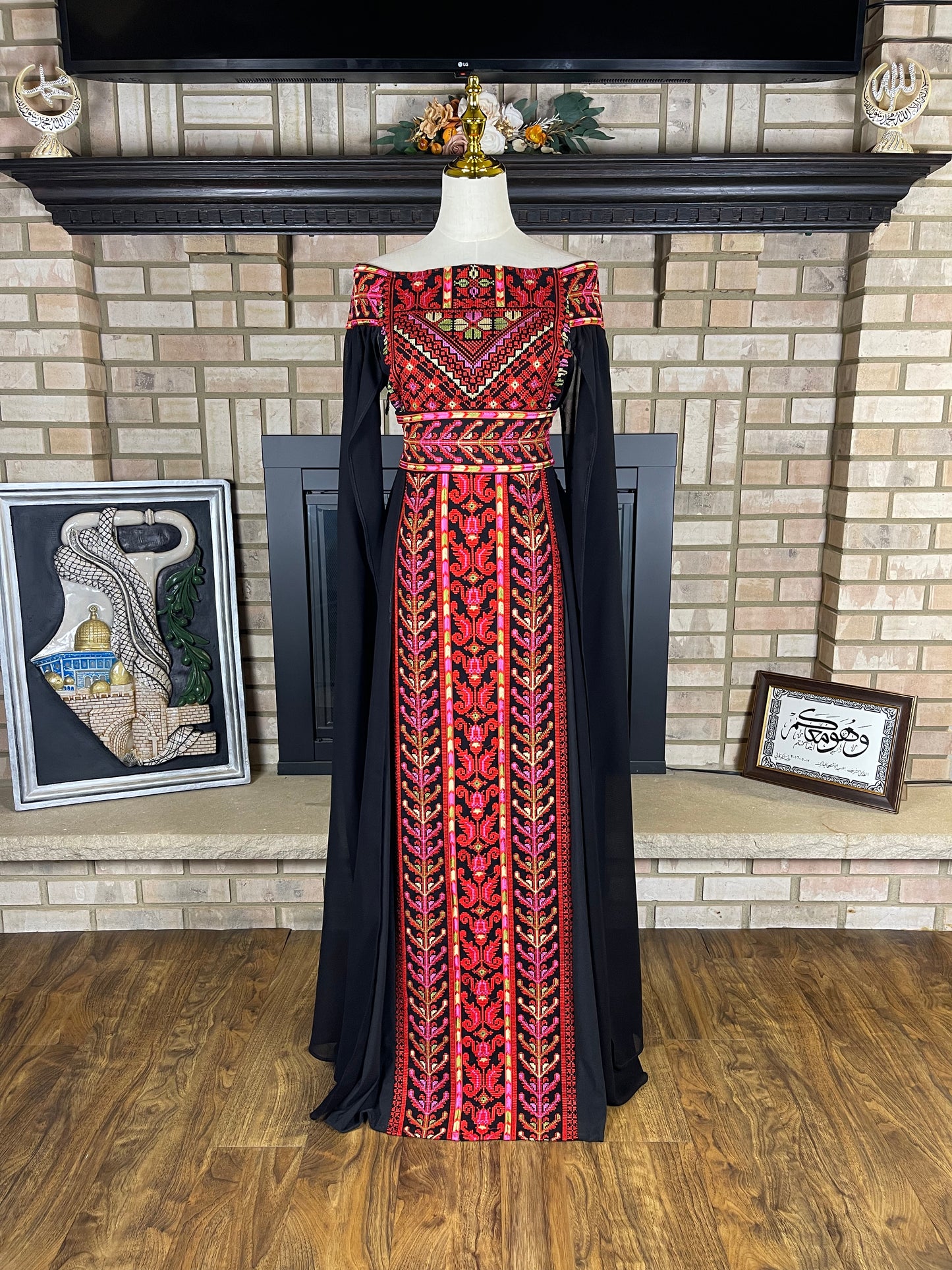Black/Multicolor Red Off-Shoulder Embroidered Dress