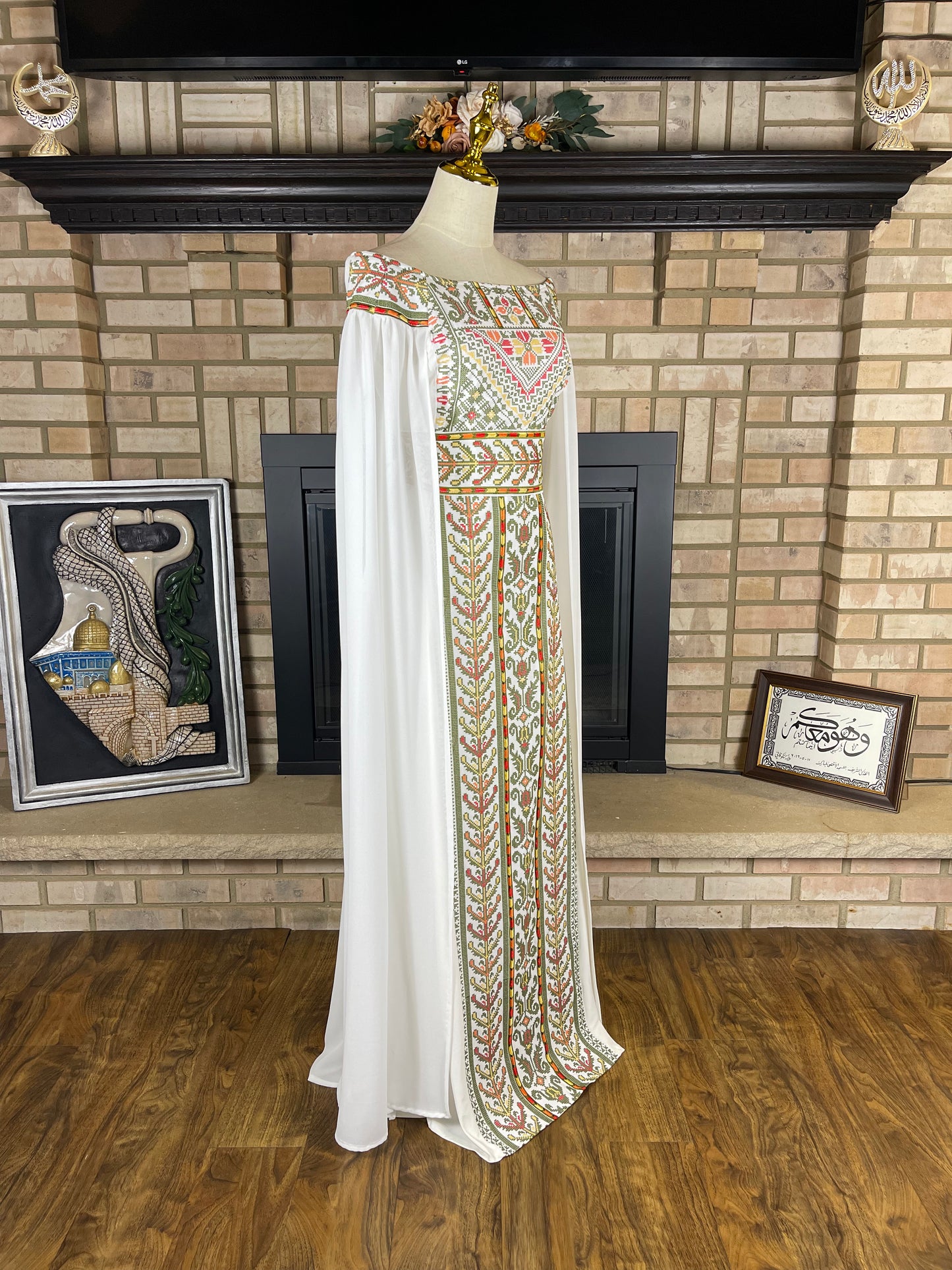 White/Green Off-Shoulder Embroidered Dress
