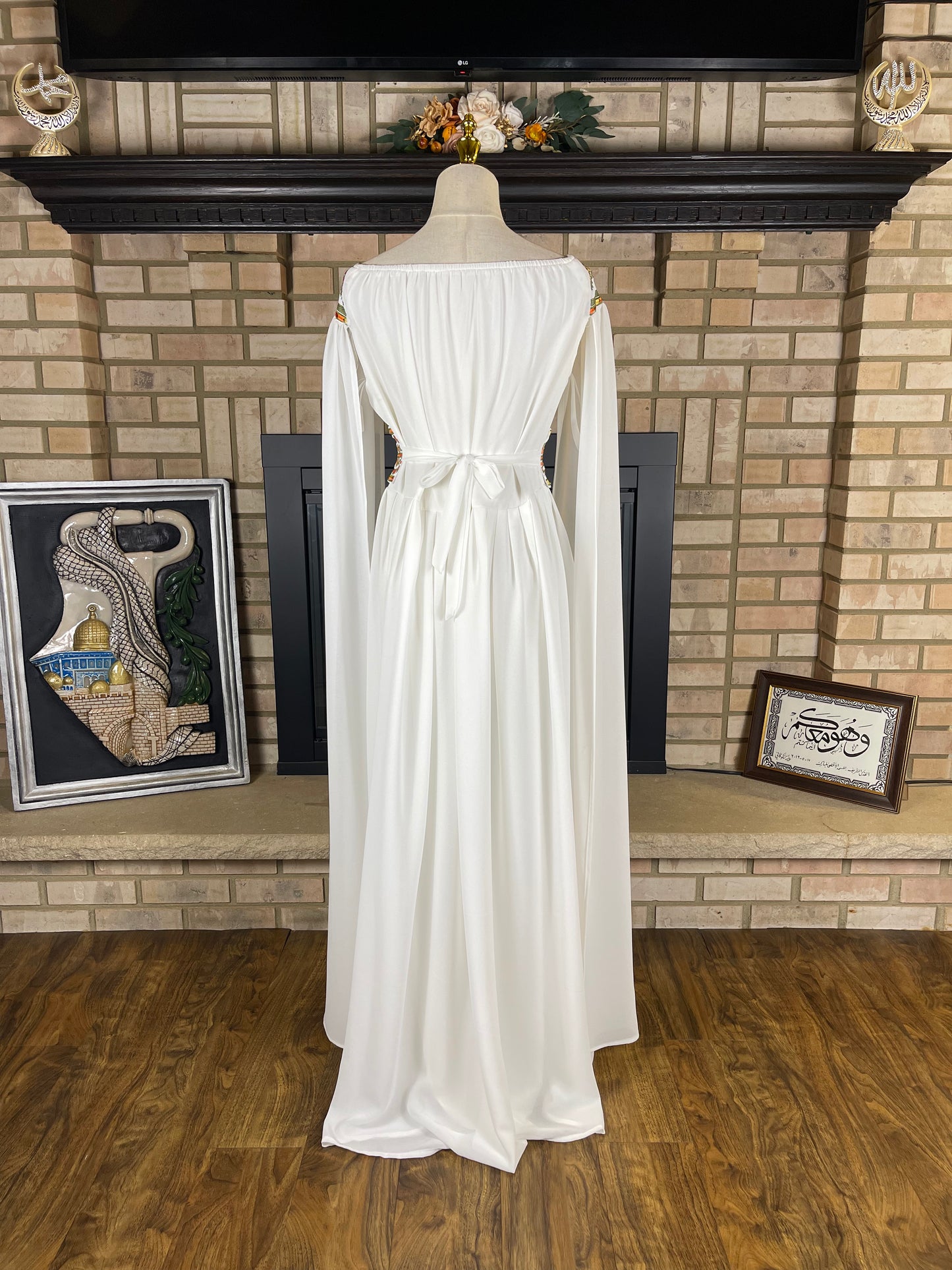 White/Green Off-Shoulder Embroidered Dress