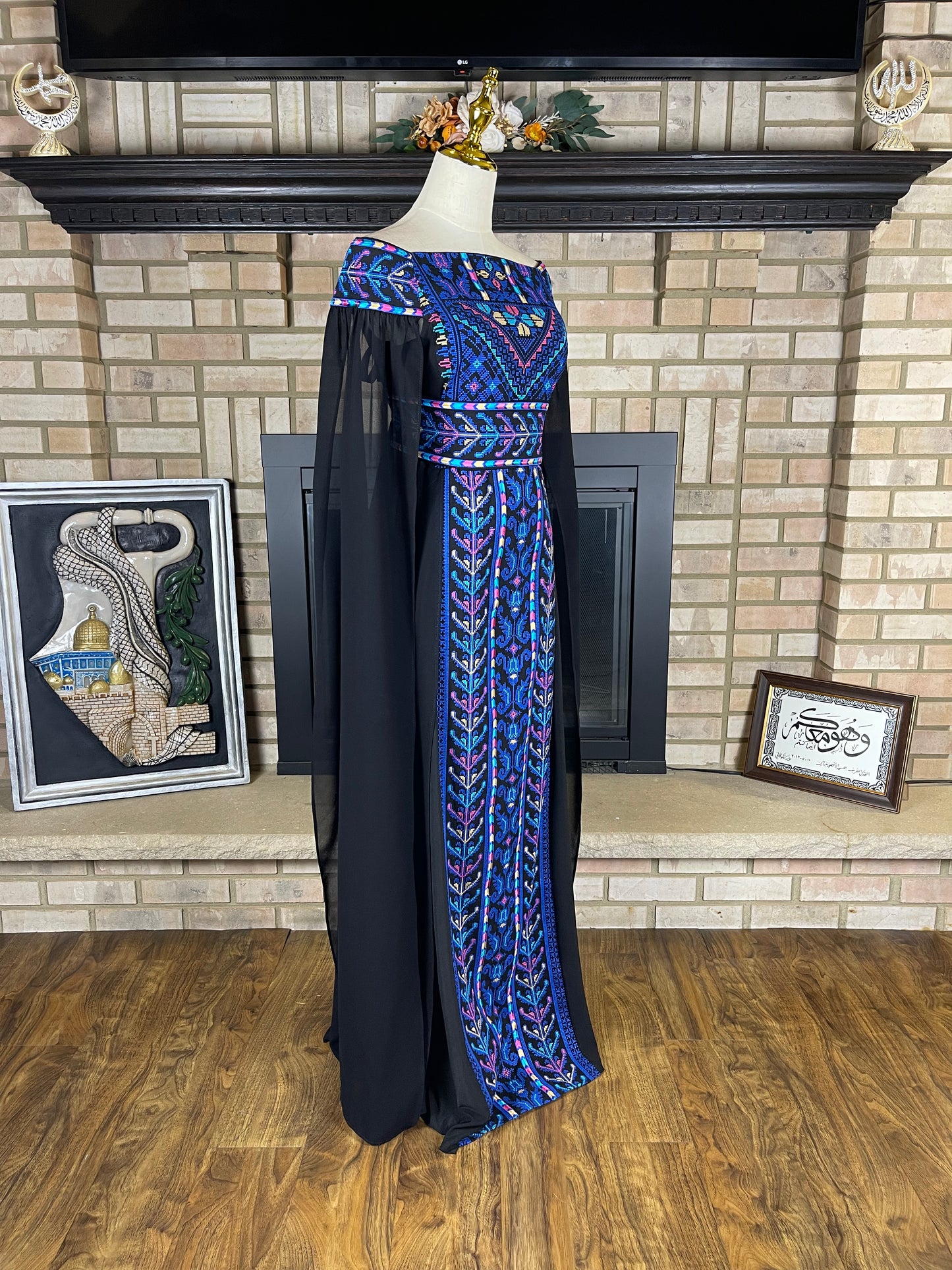 Black/Blue Off-Shoulder Embroidered Dress
